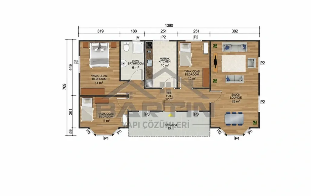 106 m² eingeschossiges Fertighaus 3+1 Grundriss