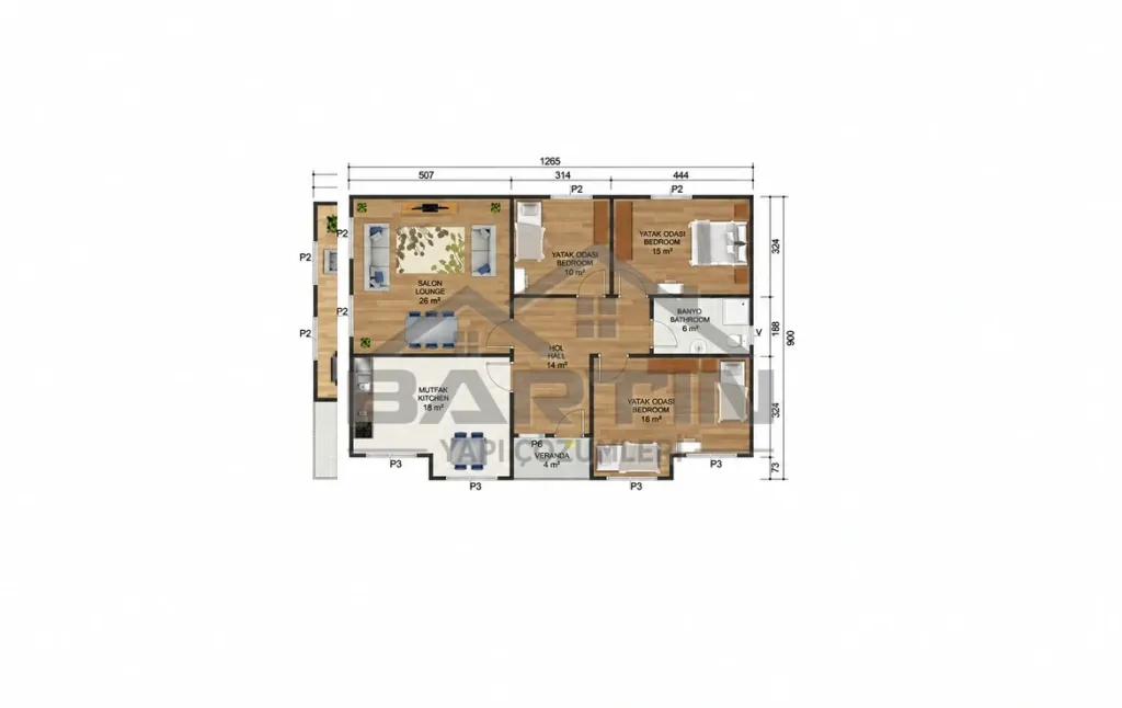 112 m² Single-Storey Prefabricated House 3+1 floor plan