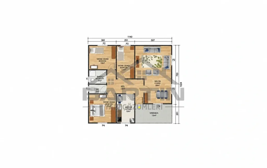 117 m² eingeschossiges Fertighaus 3+1 Grundriss