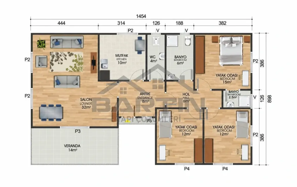 123 m² eingeschossiges Fertighaus 3+1 Grundriss