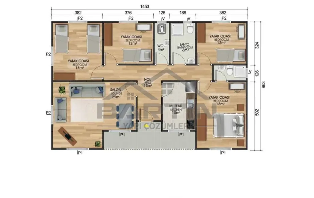 129 m² eingeschossiges Fertighaus 4+1 Grundriss