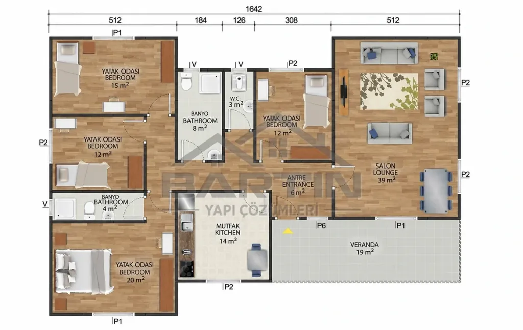 166 m² eingeschossiges Fertighaus 4+1 Grundriss