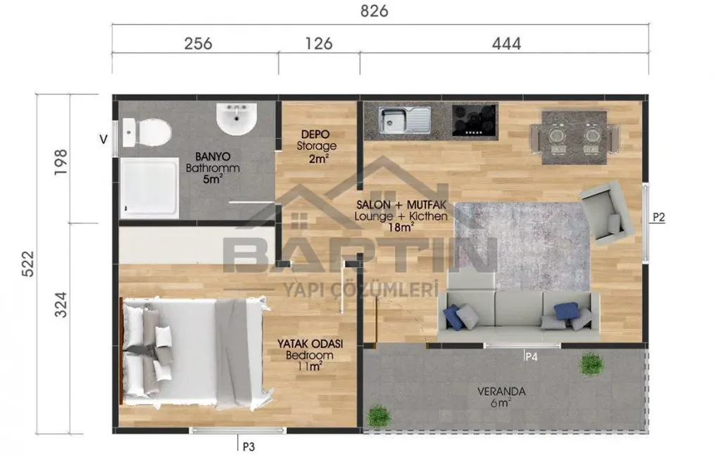 43 m² Tek Katlı Prefabrik Ev 1+1 kat planı