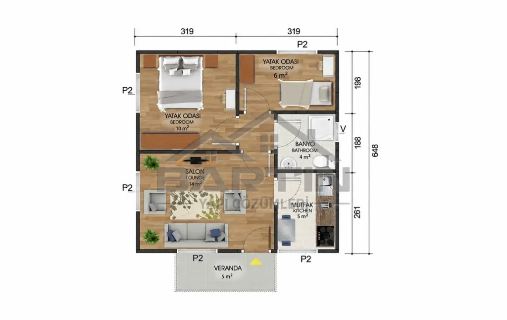 45 m² Tek Katlı Prefabrik Ev 2+1 kat planı