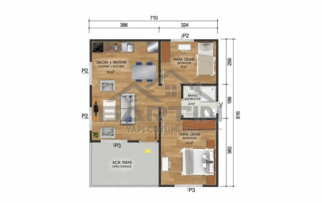 49 m² Tek Katlı Prefabrik Ev 2+1 kat planı