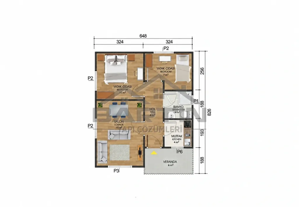 53 m² Tek Katlı Prefabrik Ev 2+1 kat planı