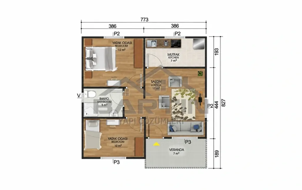 62 m² Tek Katlı Prefabrik Ev 2+1 kat planı