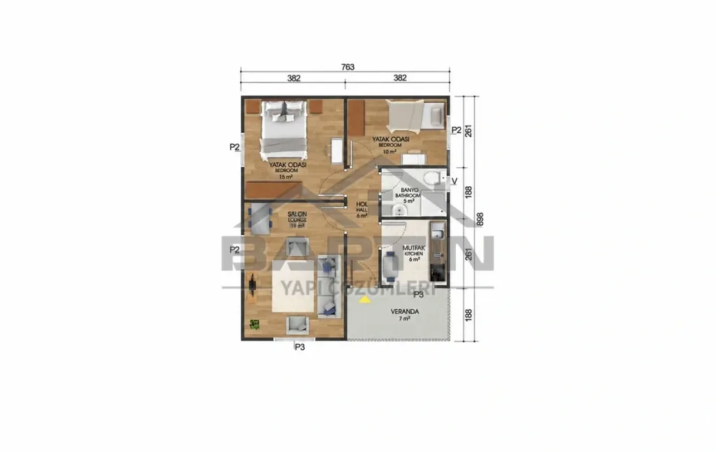 68 m² Tek Katlı Prefabrik Ev 2+1 kat planı