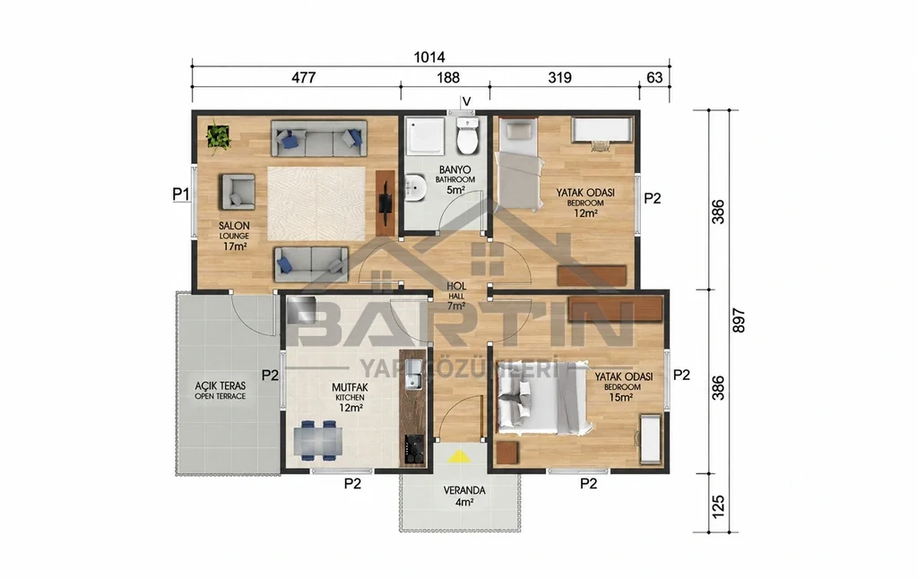72 m² eingeschossiges Fertighaus 2+1 Grundriss