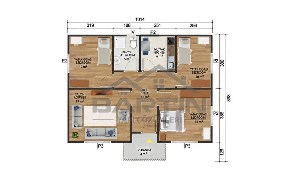 مخطط الطابق 3+1 لمنزل مسبق الصنع بطابق واحد 82 m²