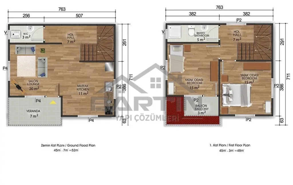 100 m² Duplex Prefabricated House 2+1 floor plan