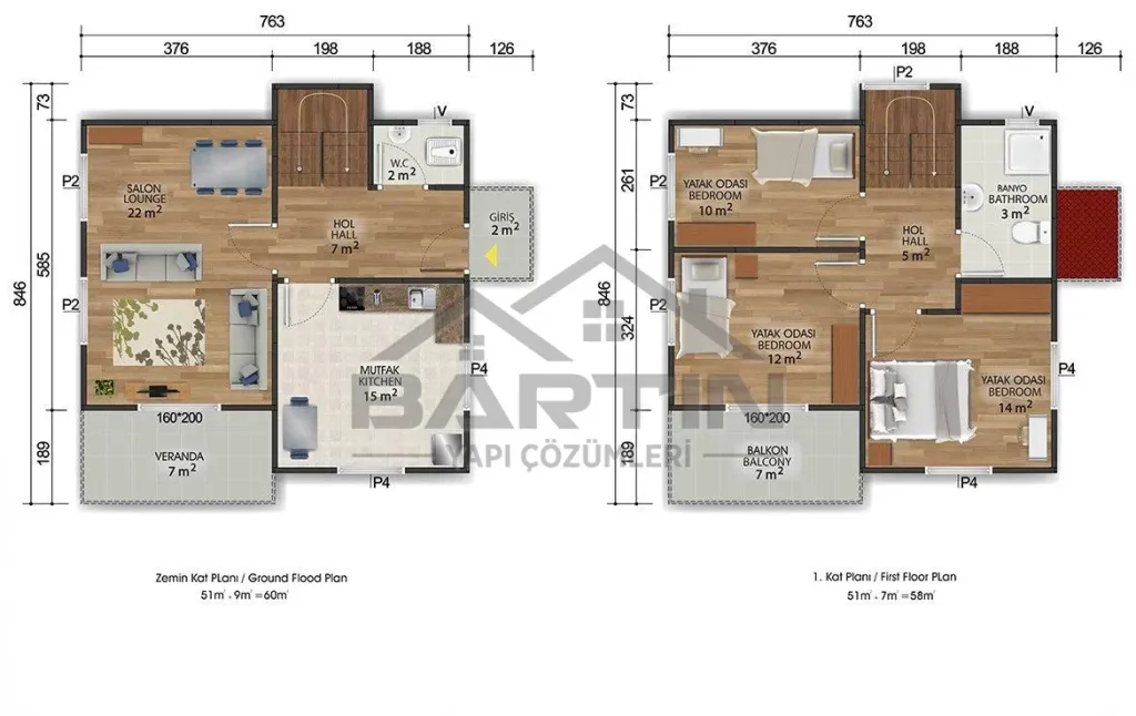 118 m² zweigeschossiges Fertighaus 3+1 Grundriss