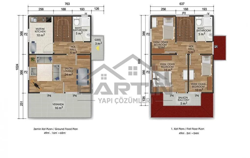 122 m² Duplex Prefabricated House 3+1 floor plan
