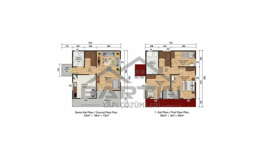 131 m² Duplex Prefabricated House 3+1 floor plan