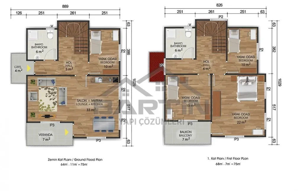 153 m² Duplex Prefabricated House 4+1 floor plan