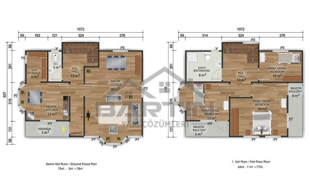 155 m² Duplex Prefabricated House 3+1 floor plan