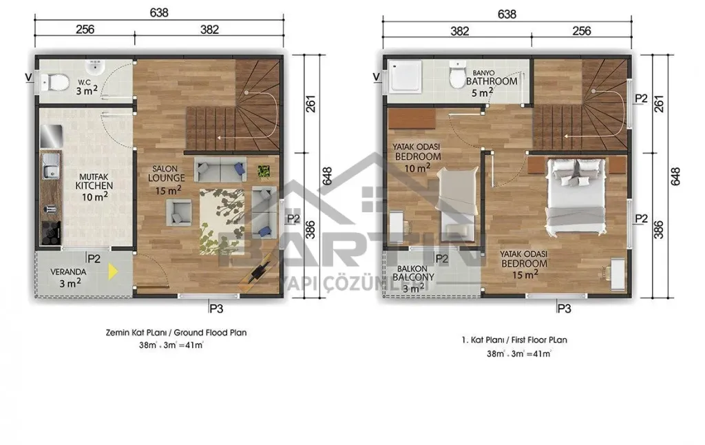 82 m² Duplex Prefabricated House 2+1 floor plan