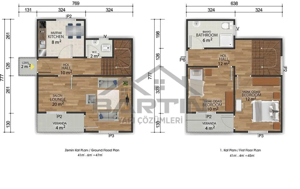 92 m² Duplex Prefabricated House 2+1 floor plan